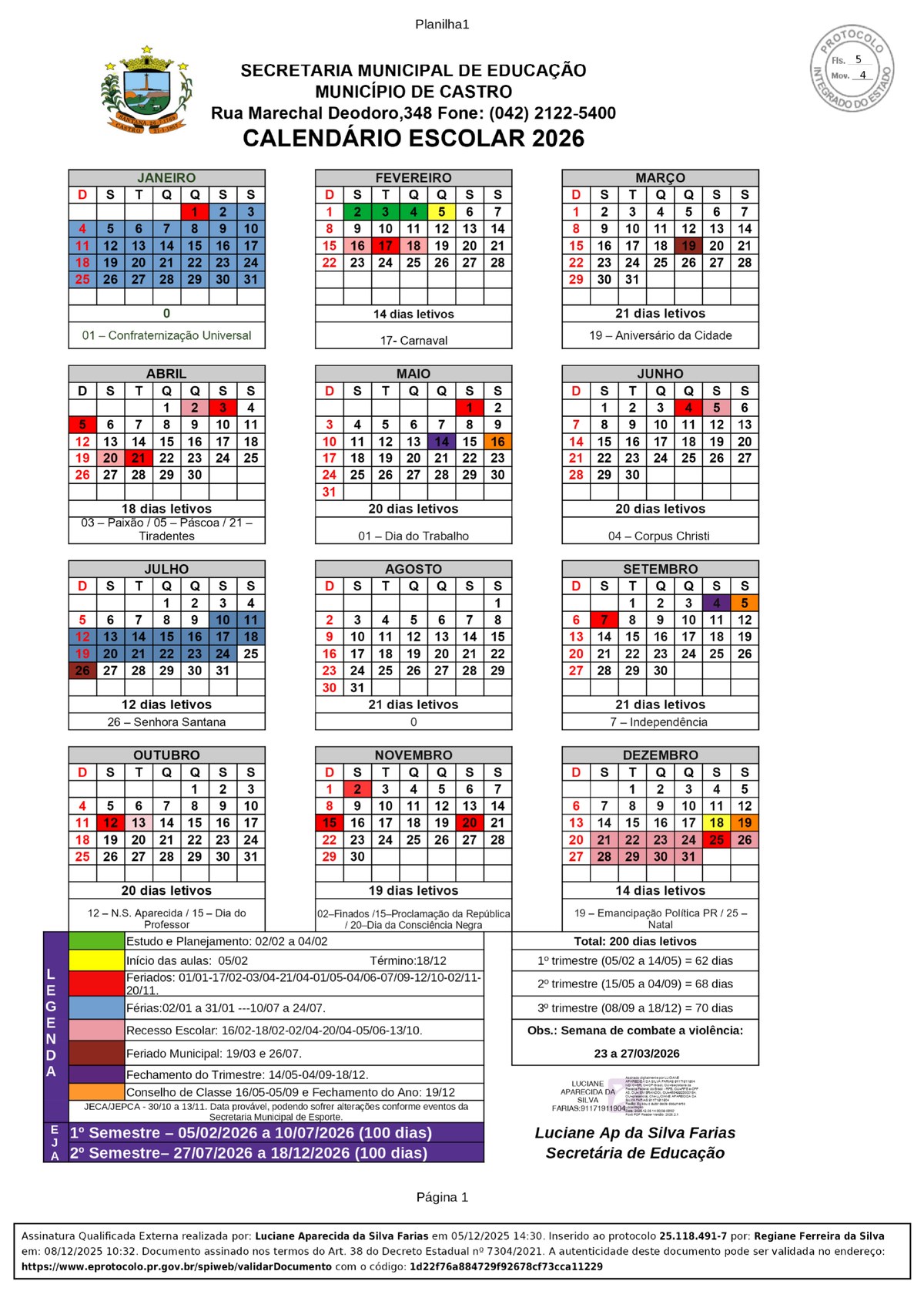 Calendário Escolar Municipal de Castro 2026